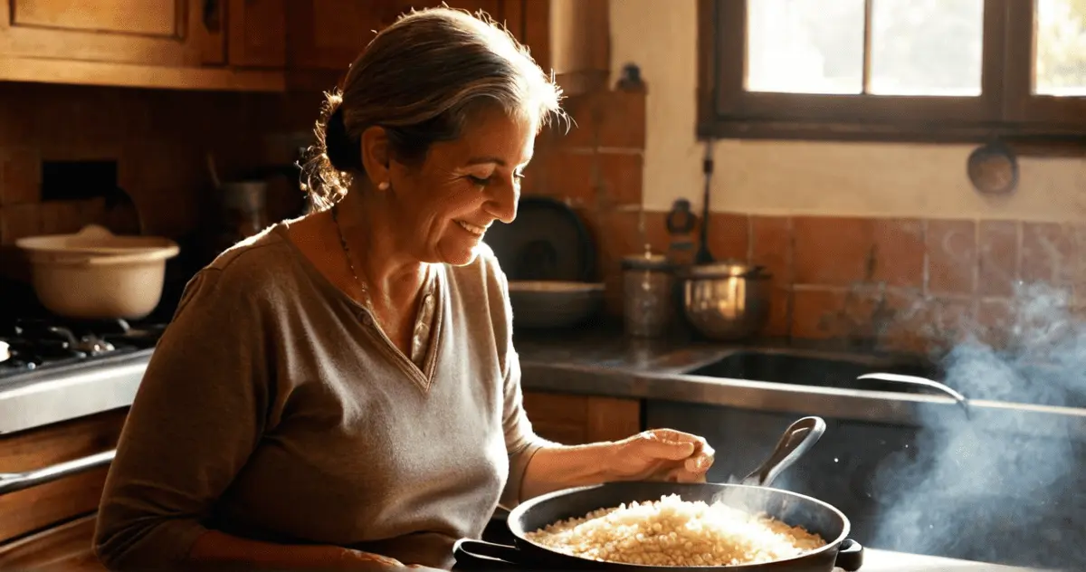 Mujer española mayor cocinando arroz en una cocina tradicional con luz natural