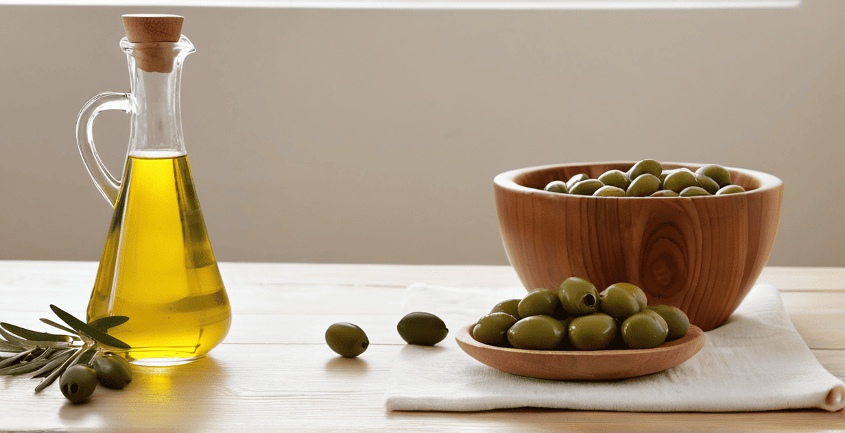 Aceite de oliva virgen extra en botella de cristal junto a aceitunas verdes frescas en cuenco de madera sobre fondo claro