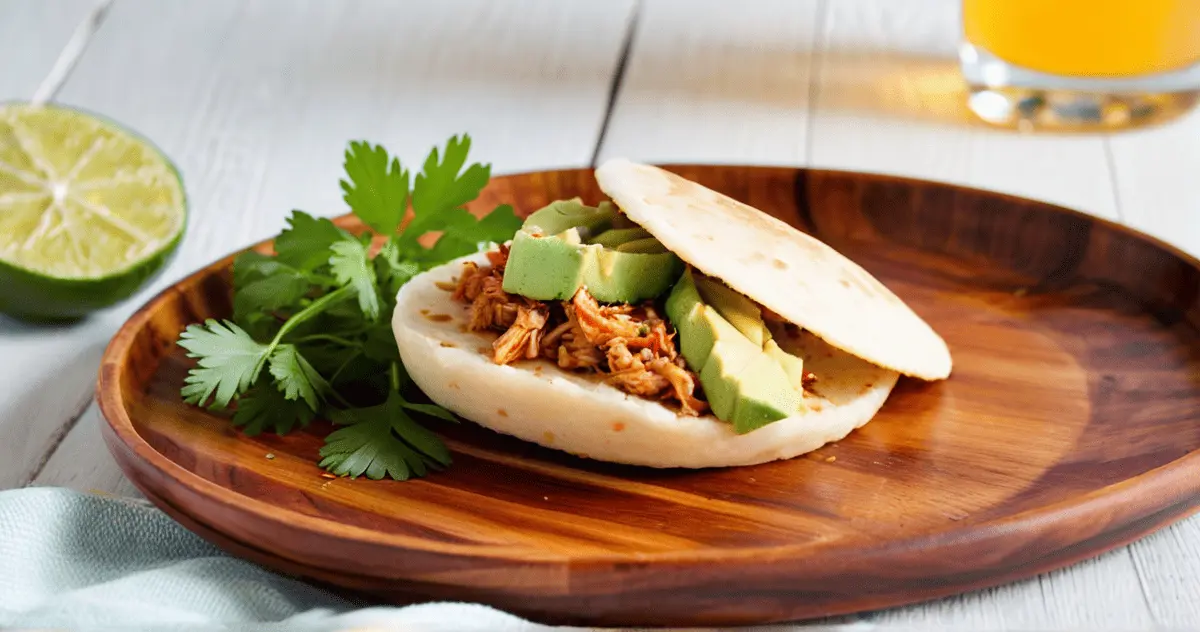 Arepa reina pepiada con aguacate y pollo, servida en plato rústico para desayuno español