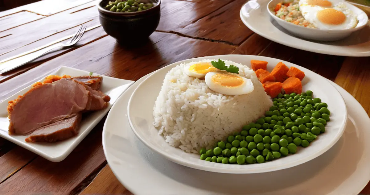 Plato de arroz tres delicias con guisantes, zanahoria, jamón y huevo, servido al estilo tradicional español.