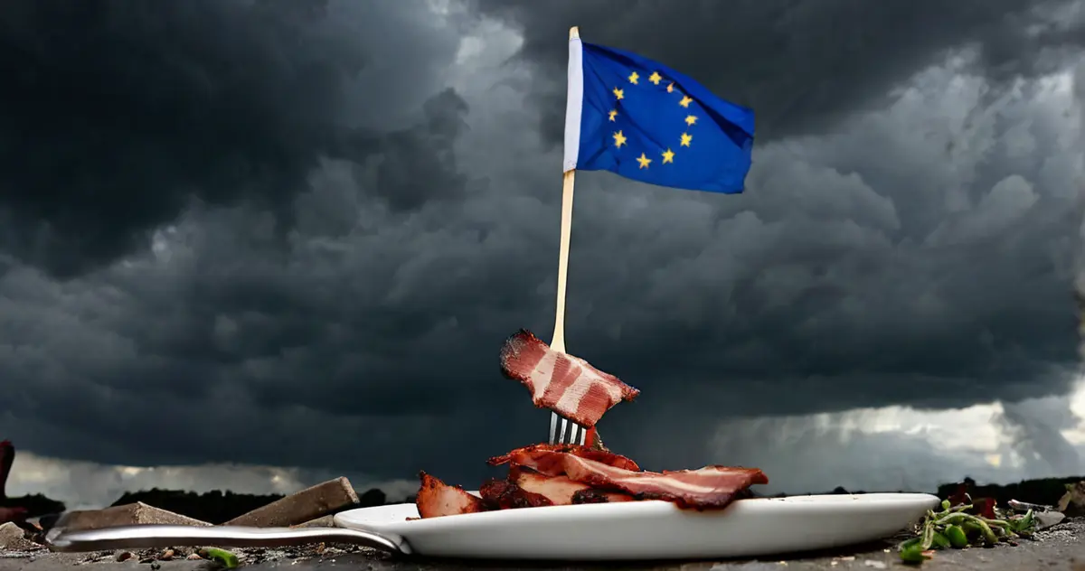 Bacon vegano pinchado por un tenedor bajo una bandera europea, con tormenta oscura al fondo. Controversia alimentaria en Europa.
