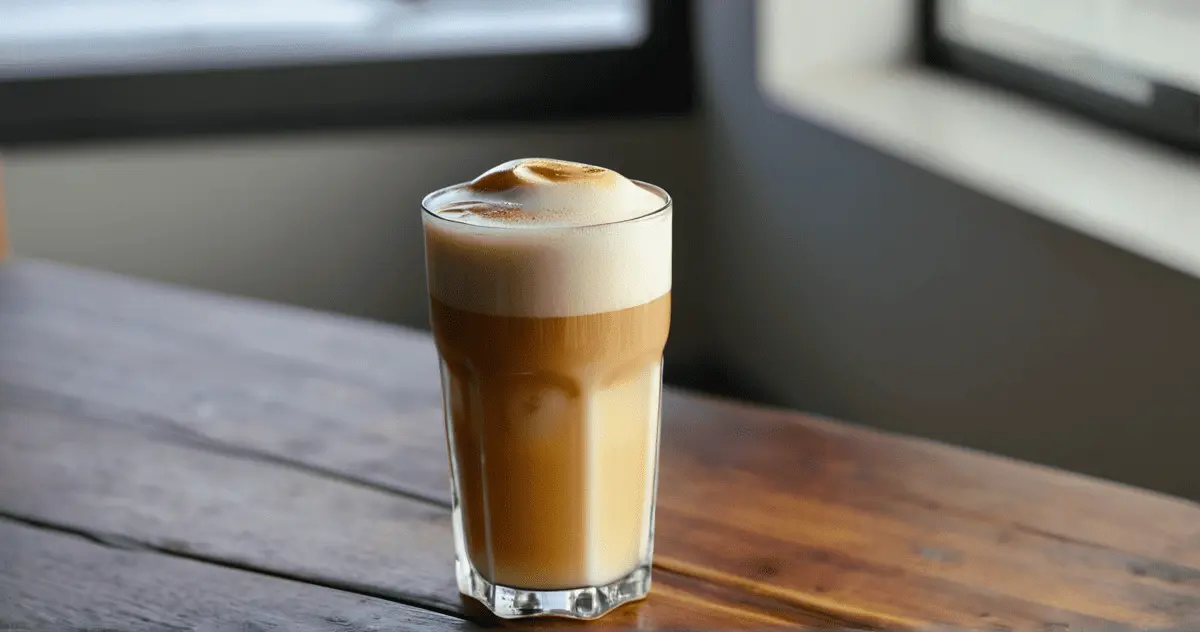 Café helado con leche condensada y espuma cremosa oscura servido en vaso alto
