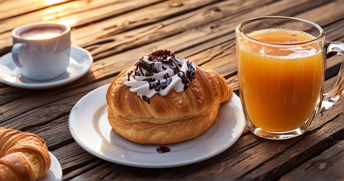 Desayuno ultra calórico con donuts rellenos, croissants al chocolate, cappuccino espumoso y zumo de naranja sobre una mesa de madera.