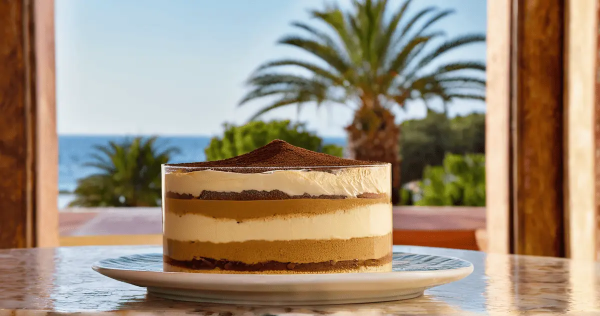 Tiramisú servido en copa de cristal con tapa de chocolate, listo para soltar una lluvia de cacao – imagen del postre viral en Marbella