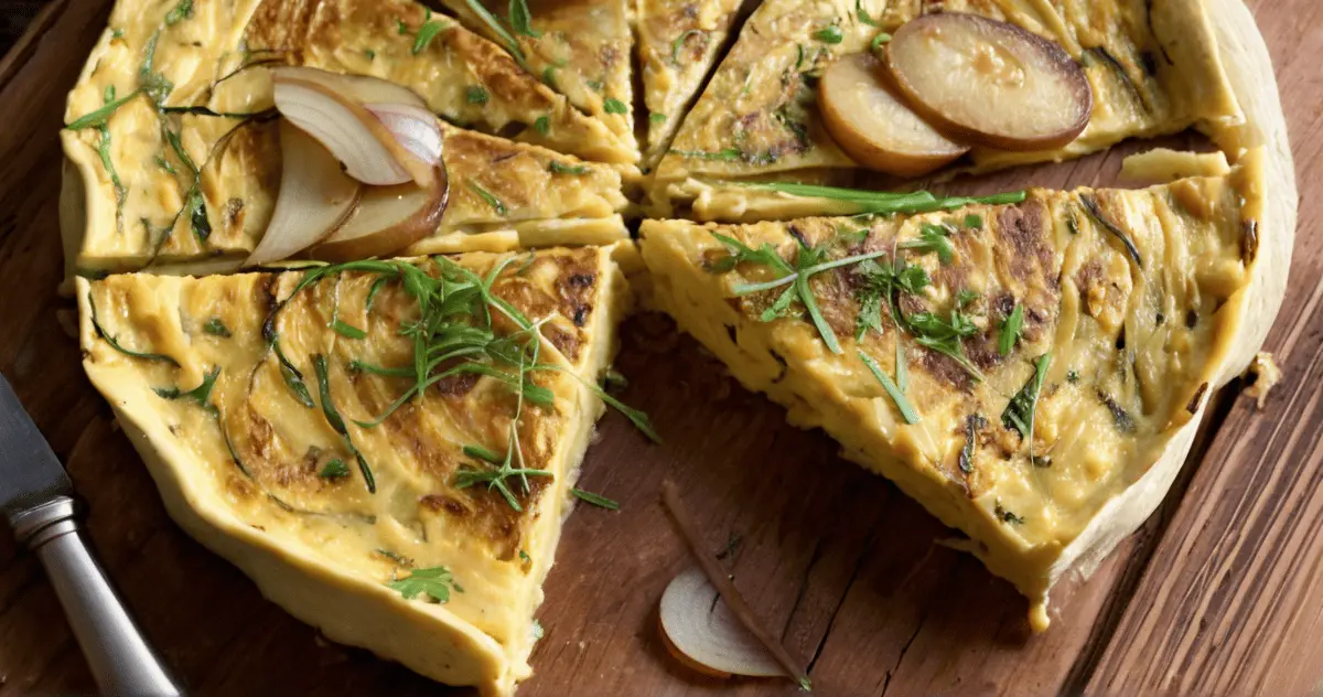 Tortilla vegana dorada con patatas y cebolla caramelizada, servida en porciones sobre una tabla rústica